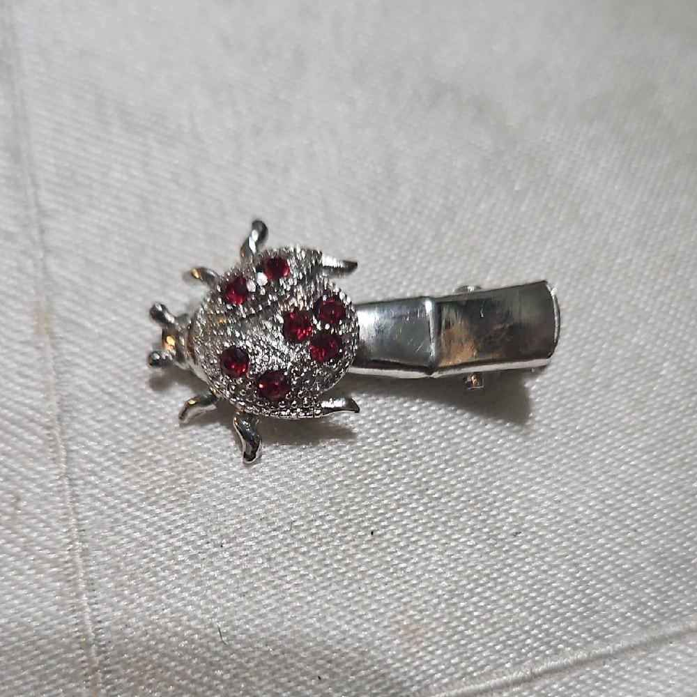 Silver Ladybug Clip with Red Rhinestone Accents